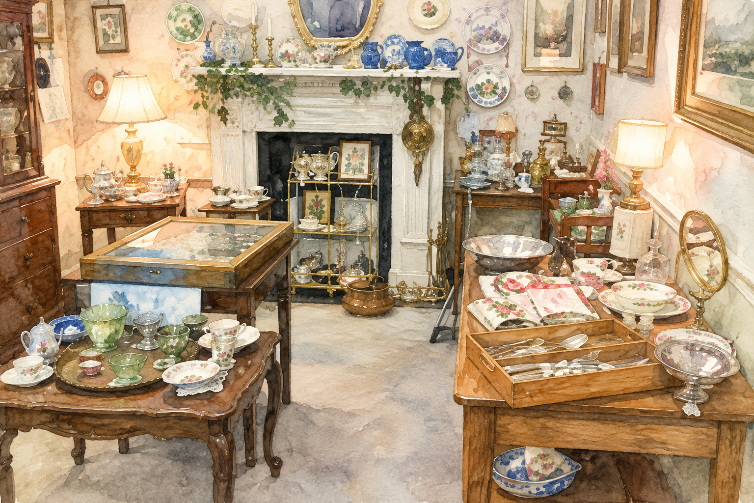 Watercolor illustration based on an archival Sentimental Journey store interior photograph